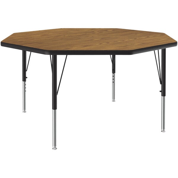 A Correll activity table with a wooden surface and black legs.