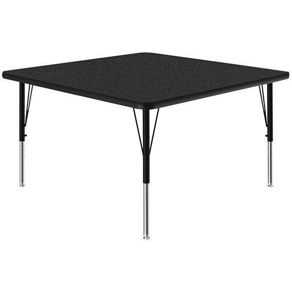 A Correll black square table with silver legs.