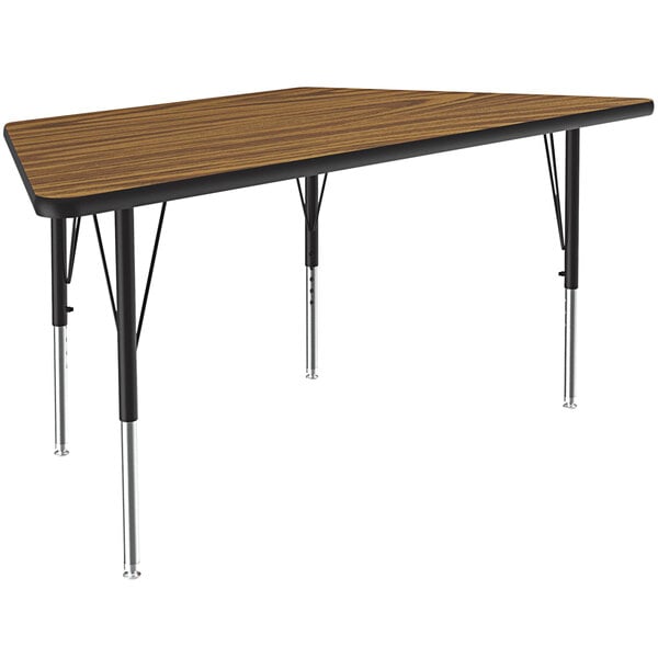 A trapezoid table with a wooden surface and metal legs.