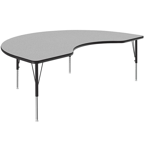 A grey Correll kidney-shaped activity table with black legs.