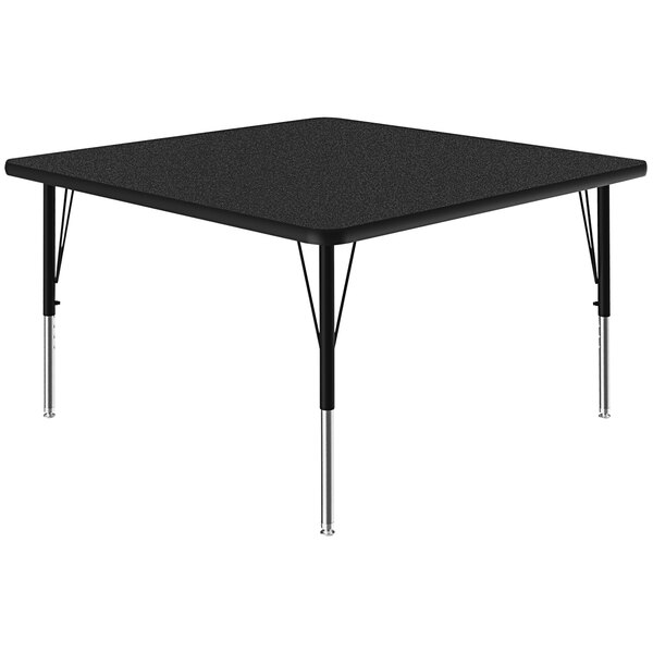 A black square Correll activity table with silver legs.