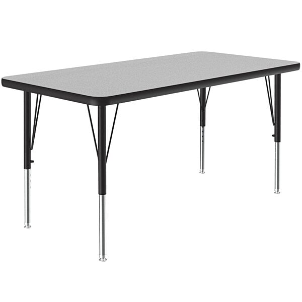 A Correll rectangular table with black legs and a gray top.