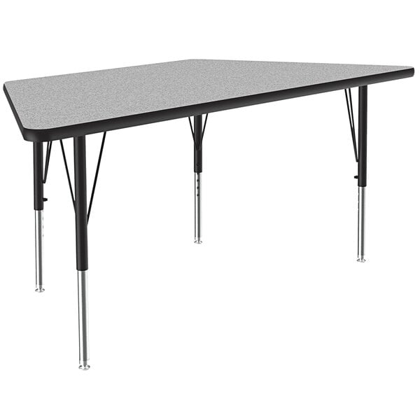 A grey table with black legs.