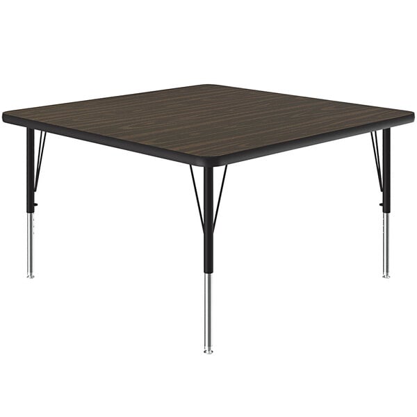 A square table with metal legs and a walnut top.