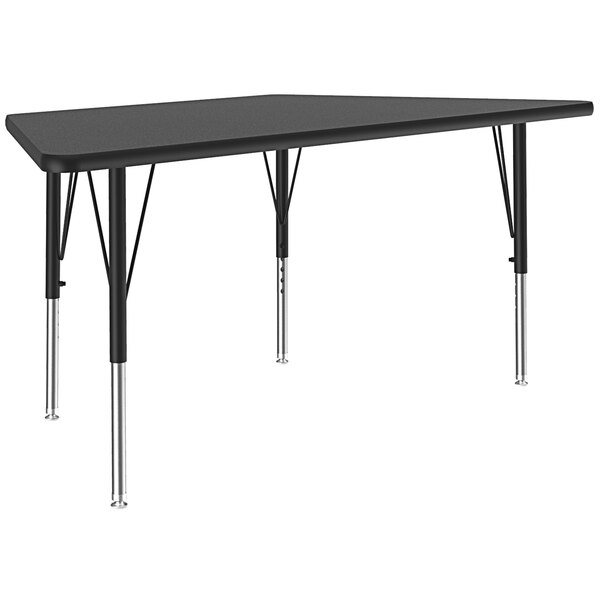 A black trapezoid-shaped Correll activity table with silver legs.