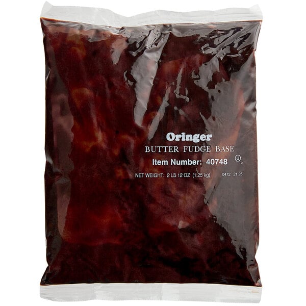 A white and blue bag of Oringer Butter Fudge Hard Serve Ice Cream Base.