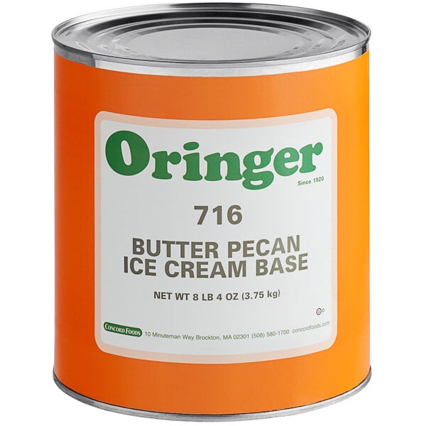 A can of Oringer Butter Pecan Hard Serve Ice Cream Base.
