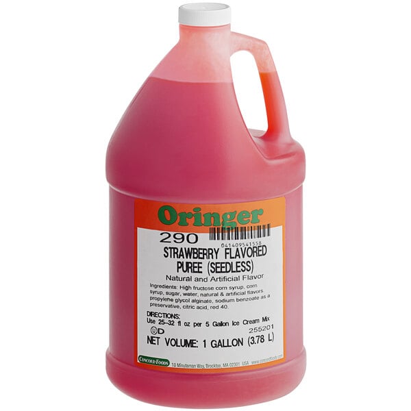 A jug of red Oringer Seedless Strawberry Puree.