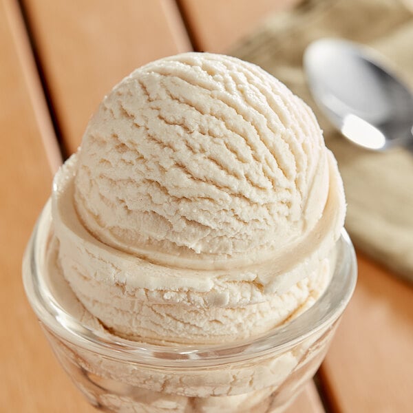 A glass bowl of Oringer vanilla hard serve ice cream with a spoon.