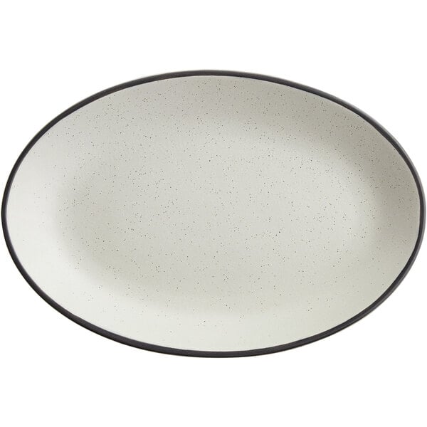 A grey matte oval platter with black trim.