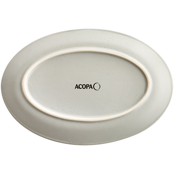 A grey matte oval stoneware platter with the word Acopa in black text.