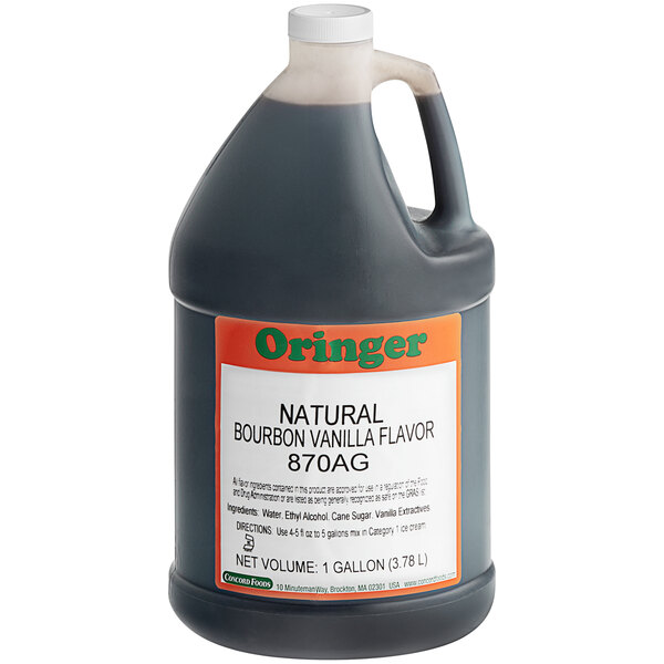 A bottle of Oringer Pure Vanilla Bourbon liquid flavoring with a white cap and label.