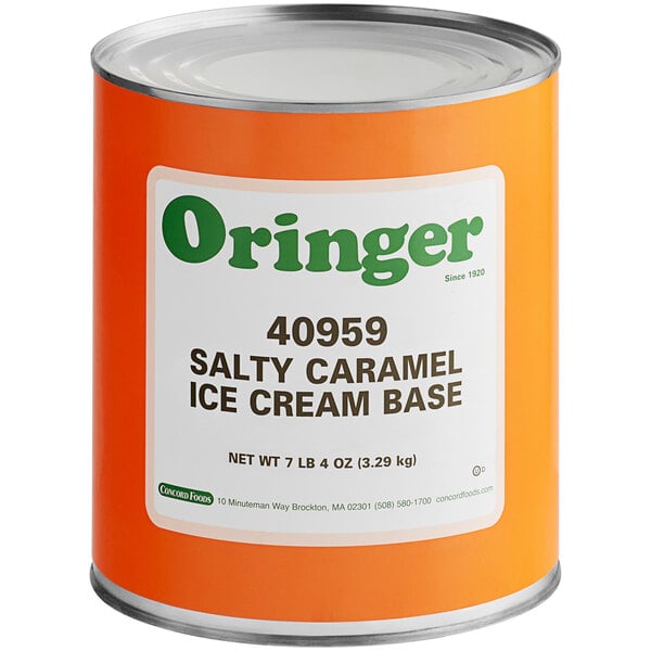 A #10 can of Oringer salt caramel ice cream base with an orange label.