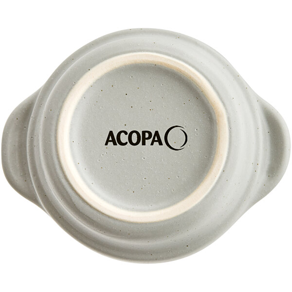 A grey matte stoneware sauce cup with the word "Acopa" in black.