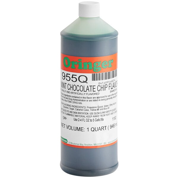 A close up of a bottle of Oringer Mint Chocolate Chip hard serve ice cream flavoring.