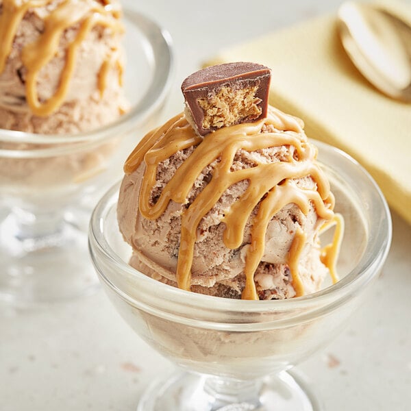 A bowl of ice cream with Oringer peanut butter topping and a cookie on top.