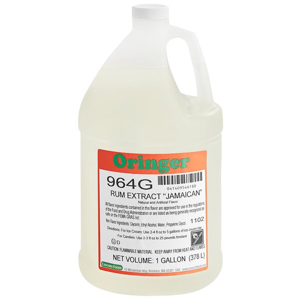 A white jug of Oringer Jamaican Rum ice cream flavoring with a red label.