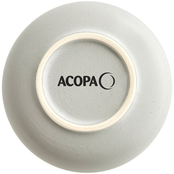 A grey matte bowl with the word Acopa in black text on it.