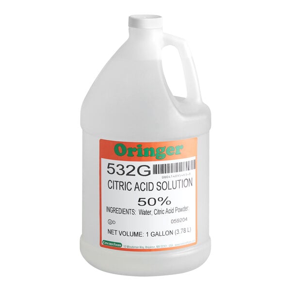 A one-gallon plastic jug with a handle, labeled as containing a 50% citric acid solution.