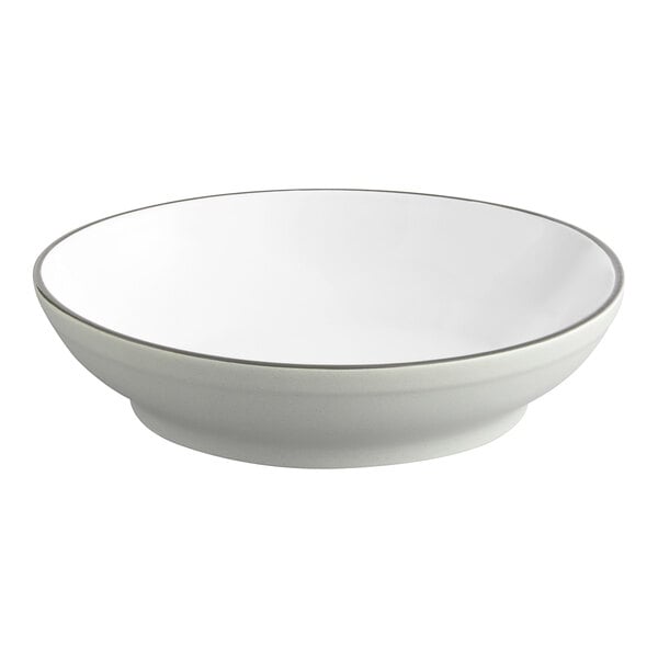 A white bowl with a grey rim.