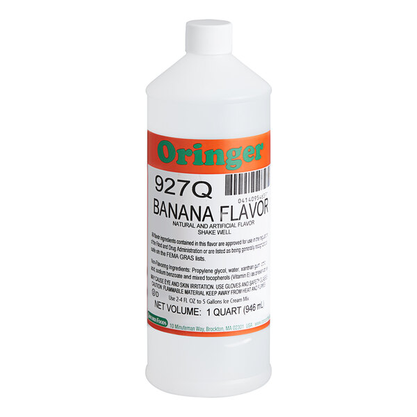 A close up of a bottle of Oringer Banana Hard Serve Ice Cream Flavoring with a label.