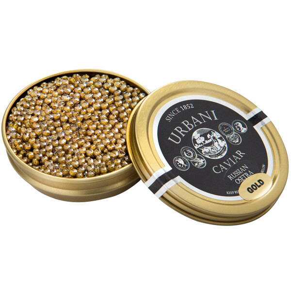 A round metal container of Urbani Russian Osetra gold caviar with a lid open.