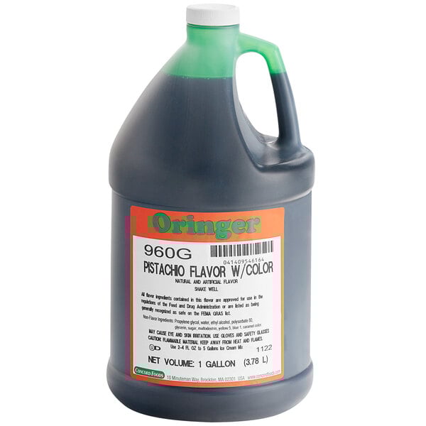 A gallon bottle of Oringer Pistachio Hard Serve Ice Cream Flavoring with a label.