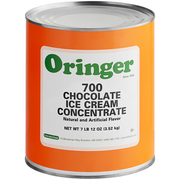 A white #10 can of Oringer Chocolate Hard Serve Ice Cream Base with orange and white text.