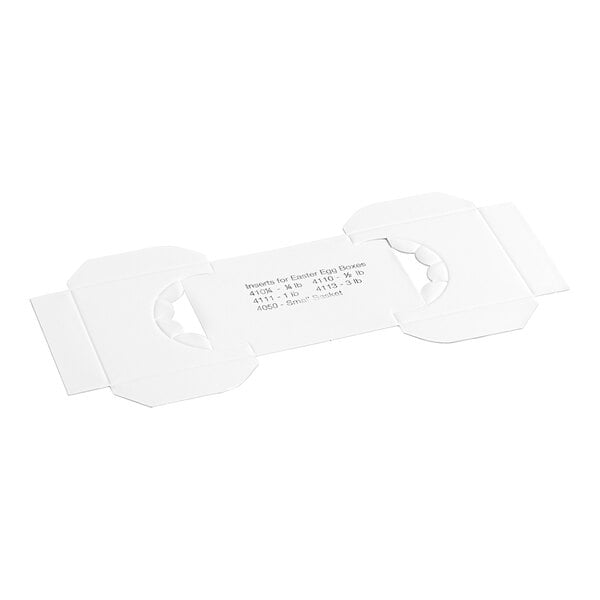 A flat, white cardboard insert with cut-out sections and printed text in the center, designed to fit inside a box.