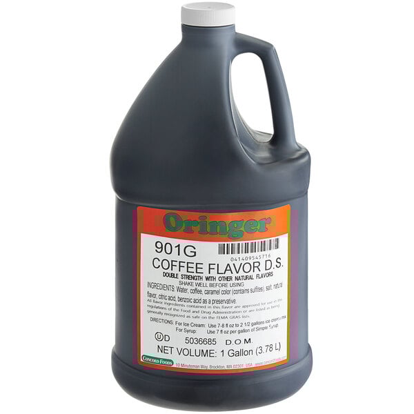 A black bottle of Oringer Double Strength Coffee hard serve ice cream flavoring liquid with a white label on a counter.