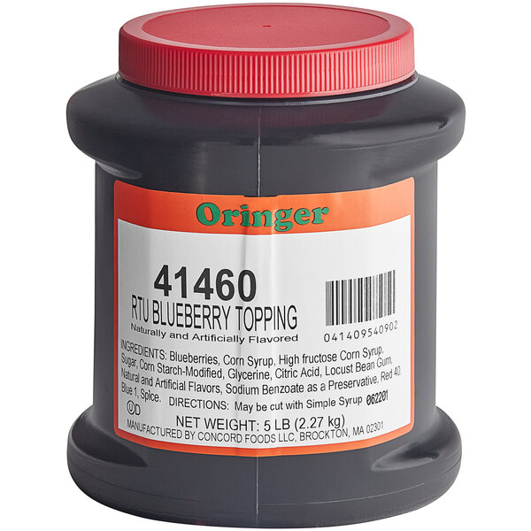 A black plastic Oringer container with a red label for blueberry dessert topping.