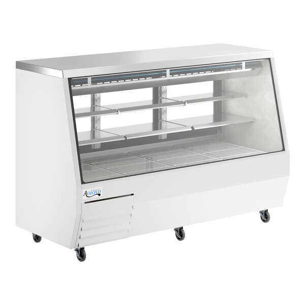 An Avantco white refrigerated deli case with glass doors and shelves.