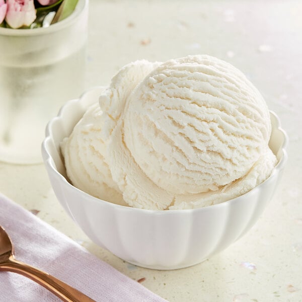 A bowl of Oringer Rum hard serve ice cream with a spoon on a white background.