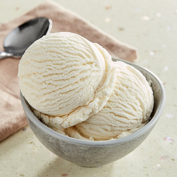 A bowl of vanilla ice cream with a scoop on top.