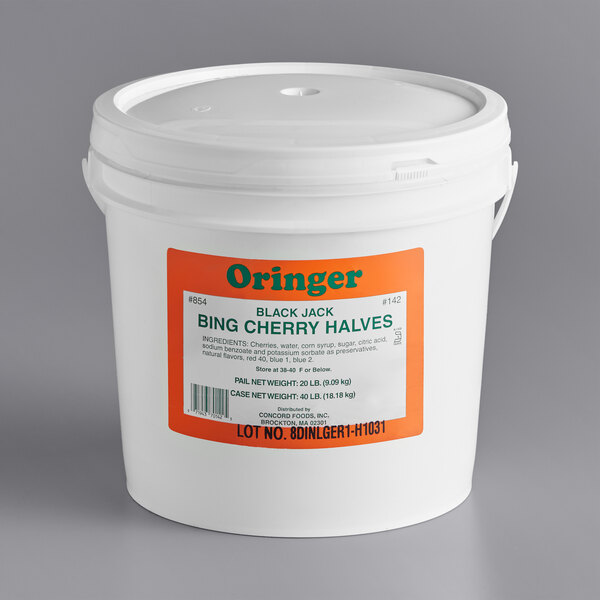 A white bucket of Oringer Black Cherry Halves dessert topping with a label.