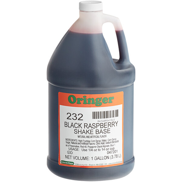 A gallon bottle of Oringer Black Raspberry Milkshake Base Syrup.