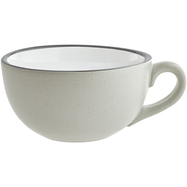 An Acopa Embers stoneware cup with a handle and a matte grey finish.