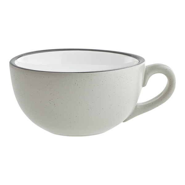 A gray matte stoneware cup with a handle, holding 10 ounces.