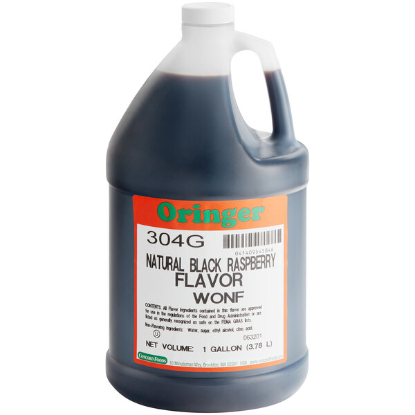 A jug of Oringer Black Raspberry hard serve ice cream flavoring with a label.