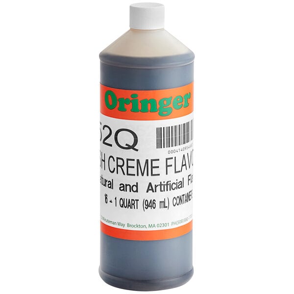 A close up of a bottle of Oringer Irish Creme hard serve ice cream flavoring with a label.