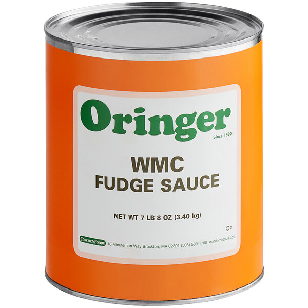 A white labeled can of Oringer bittersweet fudge sauce.