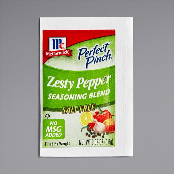 A McCormick Perfect Pinch Zesty Pepper seasoning packet.