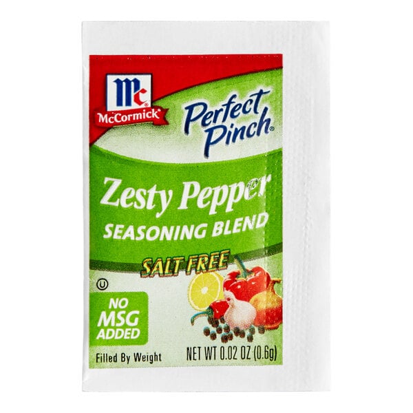 A small packet labeled 'Perfect Pinch Zesty Pepper Seasoning Blend' with images of vegetables and spices on the front.