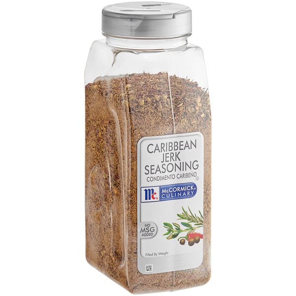 A container of McCormick Culinary Caribbean Jerk Seasoning on a white background.