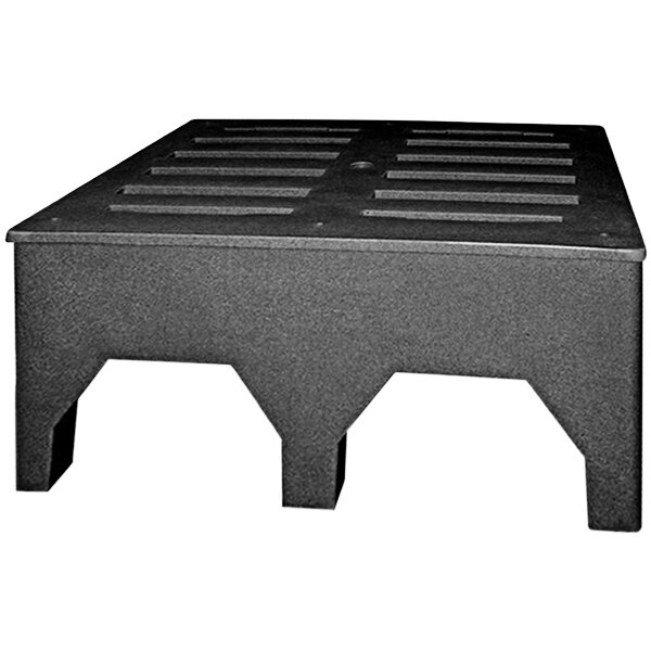A black plastic container with a metal grate cover with holes.