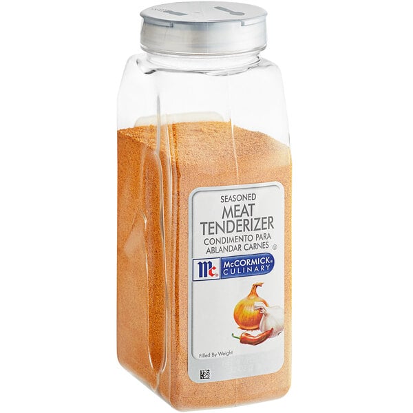 A clear plastic container of brown McCormick Culinary Seasoned Meat Tenderizer.