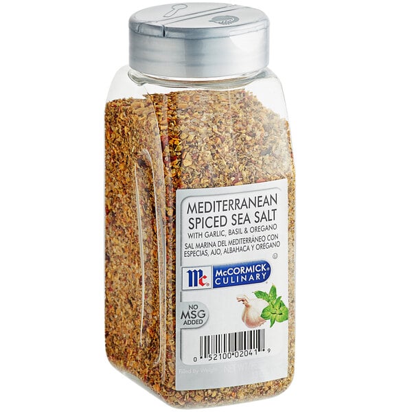 A jar of McCormick Culinary Mediterranean Spiced Sea Salt with a label.