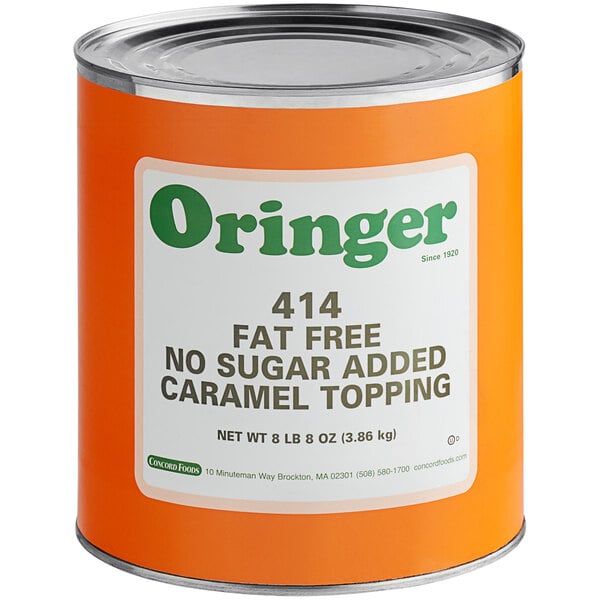 A #10 can of Oringer Fat Free Caramel Dessert Topping with a label.