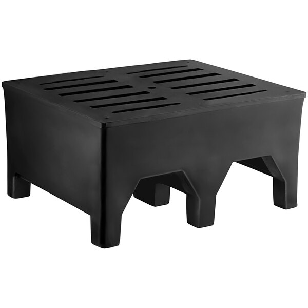 A black plastic rectangular container with holes.
