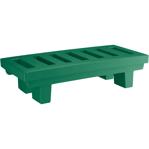 A green plastic MasonWays dunnage rack with a slotted top.